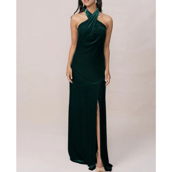Revelry Atherna Velvet Halter Gown Size 4 Green Open Back Maxi Formal Dress Prom - Picture 1 of 11